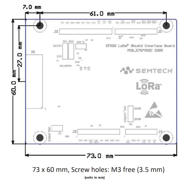 Technische Zeichnung - Semtech LRDVK17INTERFACE LoRa® Abschirmung Schnittstellenkarte